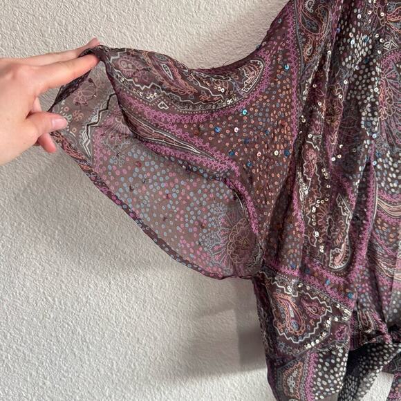 Y2K VTG Frech Connection 100% Silk Sequin Front Tie Blouse Festival Boho Sheer - Picture 8 of 11